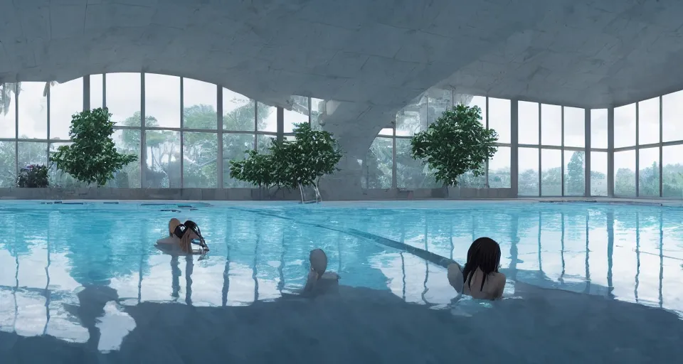 Prompt: A clean white modern interior of an indoor pool with large windows, rendered by Beeple, Makoto Shinkai, syd meade, simon stålenhag, environment concept, synthwave style, digital art, unreal engine, WLOP, trending on artstation, low level, 4K UHD image, octane render,