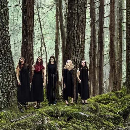 Image similar to witches posing together in an ancient forest, photo by Gertrude kasebian