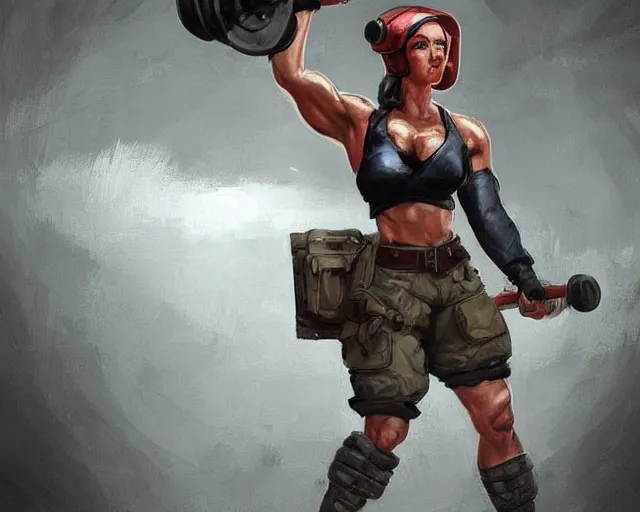 Prompt: portrait of a female bodybuilder ww ii soldier in team fortress 2 style, epic, tragic, dark fantasy art, fantasy, pretty, hd shot, digital portrait, beautiful, artstation, comic style, by artgerm, guy denning, jakub rozalski, magali villeneuve and charlie bowater