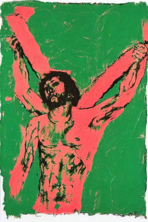 Image similar to green background with bloody christ crucified painted by cy twombly and andy warhol