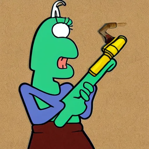 Image similar to squidward from spongebob squarepants with hair, holding a hammer