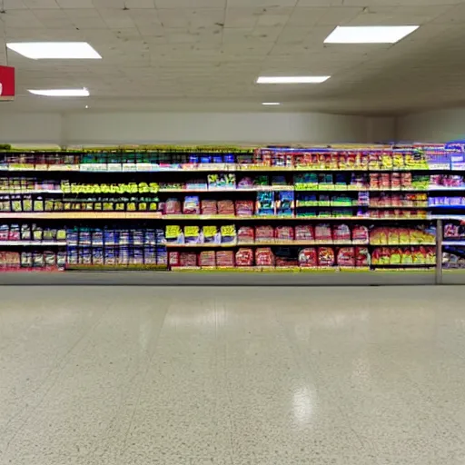 Prompt: supermarket empty, eerie, spooky, dim lights,