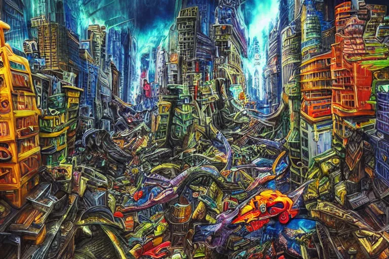 Image similar to destructive monster in the city, photorealistic, highly detailed, sharp focus, vivid, colorful, symmetrical, random, convoluted, mind - blowing, creative, fully functional, end of the world, physics defying, amazing, cool