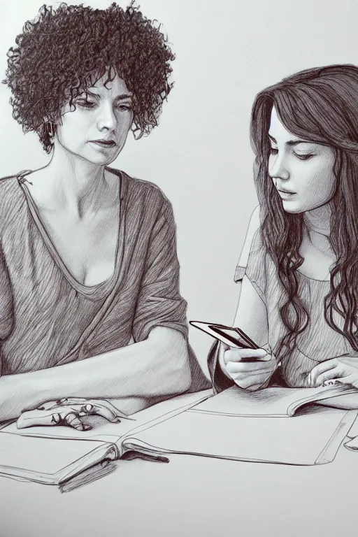 Image similar to portrait of two wise and very beautiful women reviewing some texts, drawn by a child, intricate, elegant, highly detailed, smooth, sharp focus, artstation