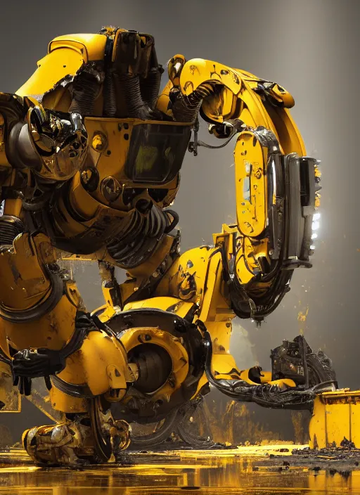 Image similar to a photorealistic dramatic hyperrealistic render of a futuristic exosuit power excavator heavy machinery, ultra realistic details, glossy yellow, well worn, rust, oil stains by vitaly bulgarov and mike nash, beautiful dramatic dark moody tones and lighting, cinematic atmosphere, studio lighting, global illumination, shadows, dark background, octane render, 8 k