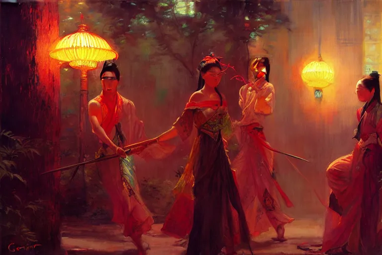 Image similar to wuxia, summer, neon light, painting by gaston bussiere, craig mullins, j. c. leyendecker