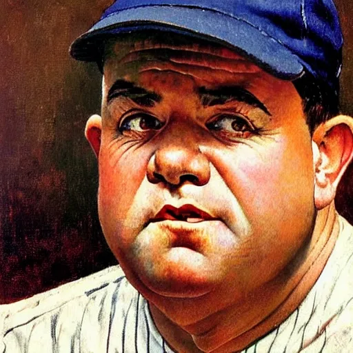 Image similar to a portrait painting of Babe Ruth. Painted by Norman Rockwell