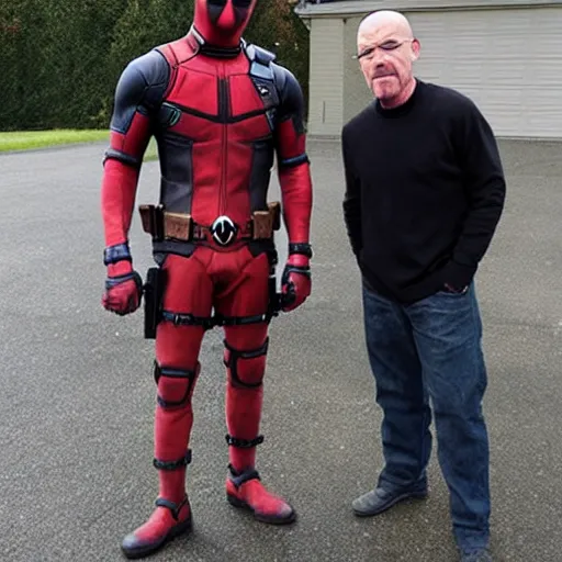 Image similar to deadpool and walter white real photo.