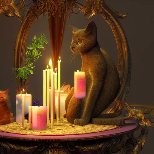 Image similar to candles and cats, art nouveau, by rachel ruysch and lisa frank, 8 k, sharp focus, octane render