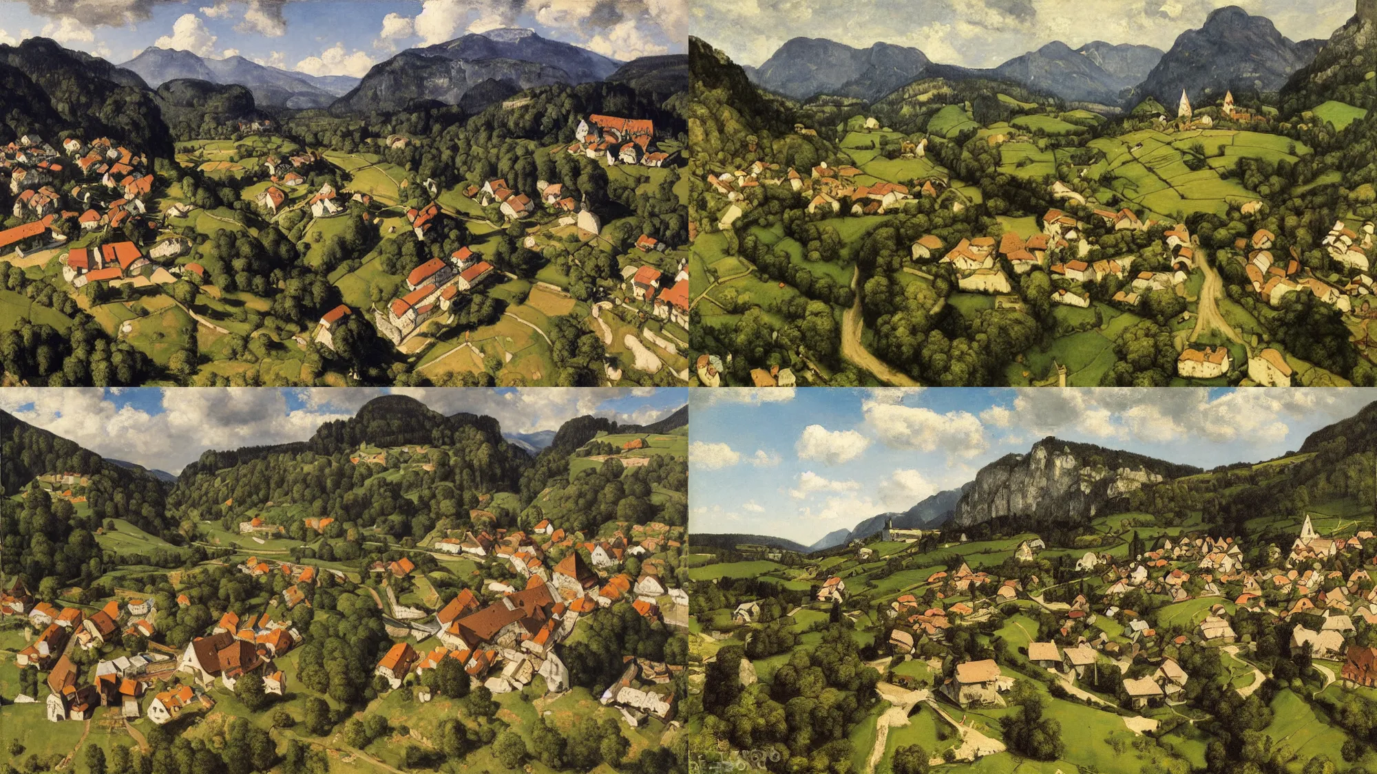 Prompt: High-Quality realist painting of a traditional Bavarian village in a valley by Gustave Courbet, isometric aerial view, peaceful, very detailed, oil on canvas.