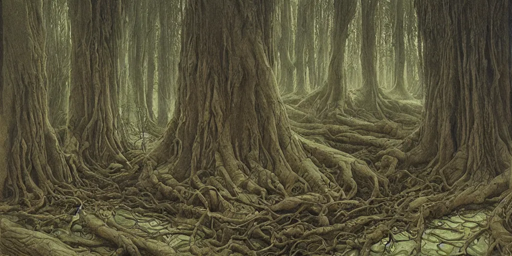 Image similar to artwork by john howe of the wretched thicket