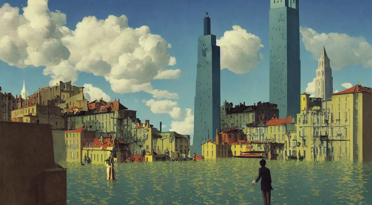 Prompt: single flooded simple falling! leaning tower, very coherent and colorful high contrast!! masterpiece by rene magritte simon stalenhag carl spitzweg syd mead norman rockwell edward hopper james gilleard, minimalist, dark shadows, sunny day, hard lighting