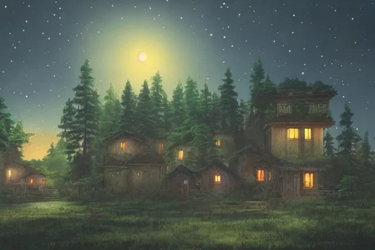 Image similar to A highly detailed matte painting of a lone house at night, forest, beautiful scenery, gas lamps, by Studio Ghibli