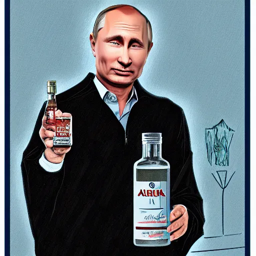 Image similar to putin holding a bottle of arak ayalim, cinematic, beautiful digital painting, hyper detailed