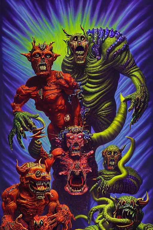 Image similar to a hyperrealistic painting of an epic boss fight against an ornate supreme dark overlord, cinematic horror by chris cunningham, lisa frank, richard corben, highly detailed, vivid color,