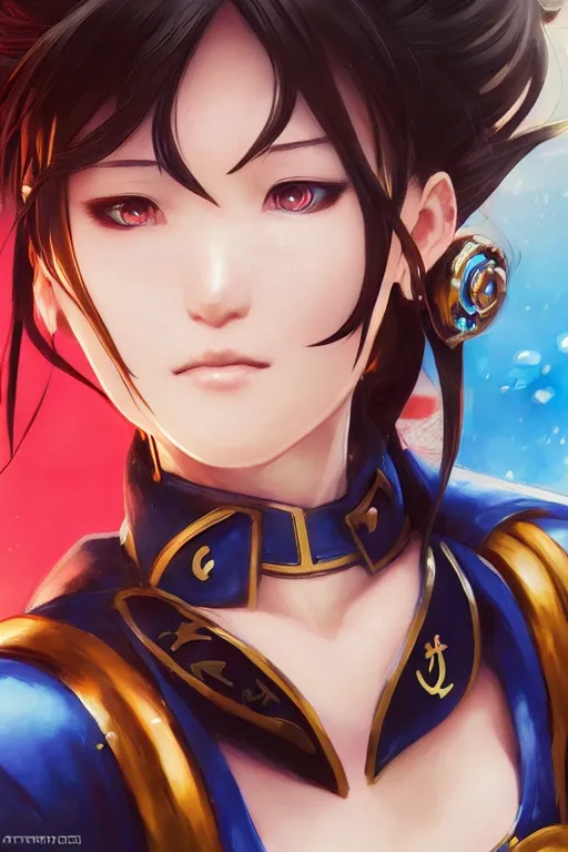 Image similar to A beautiful semi realistic anime portrait of Chun li, by Stanley Artgerm Lau, WLOP, Ross Tran, James Jean, Andrei Riabovitchev, Marc Simonetti, and Sakimichan, Hyung Tae Kim, trending on artstation