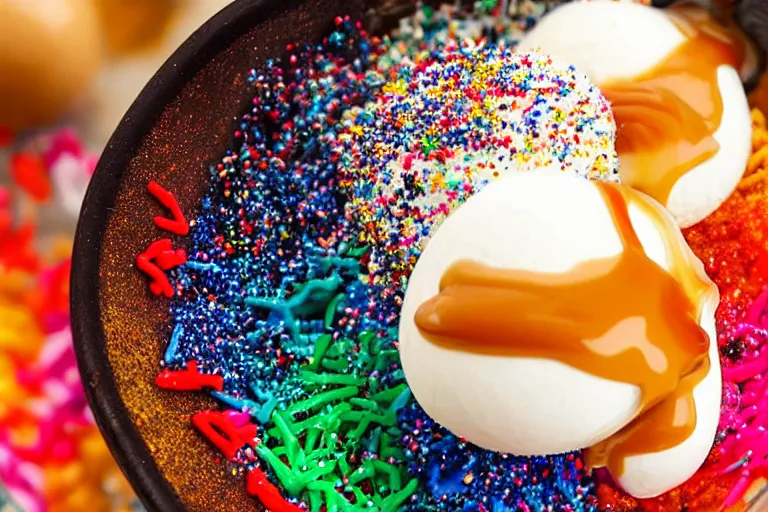 Image similar to closeup of a bowl with three balls of vanilla ice cream covered with caramel sauce and colorful sprinkles. Highly detailed.