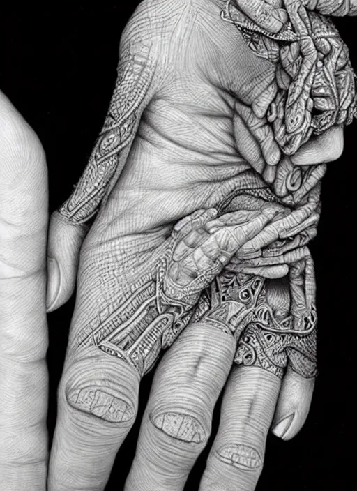 Image similar to hand art jinjo ito hyperrealism, intricate detailed