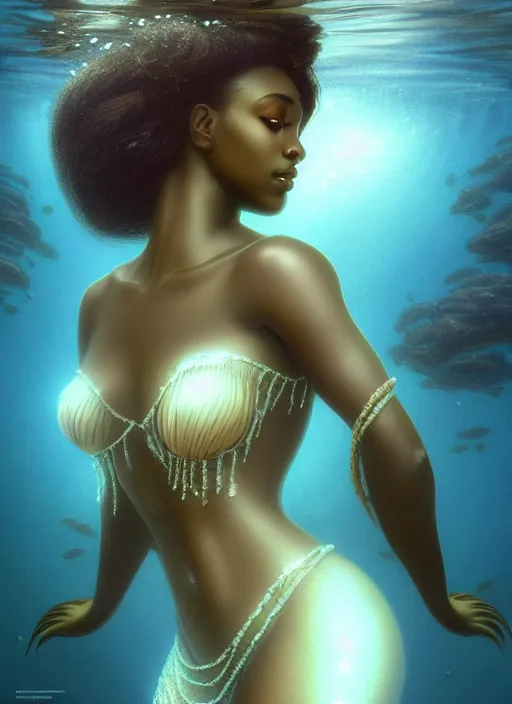 Prompt: underwater photography full body portrait of a dark skin mermaid haitian goddess, white lilies, underwater, intricate, sensual features, dewy skin, reflective skin, highly detailed, divine holy perfection!! digital painting, artstation, concept art, smooth, sharp focus, warm lighting, illustration, art by artgerm and greg rutkowski and alphonse mucha