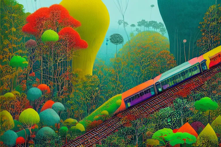 Image similar to surreal glimpse into other universe, ride train to penang hill, summer morning, very coherent and colorful high contrast, art by!!!! gediminas pranckevicius!!!!, geof darrow, floralpunk screen printing woodblock, dark shadows, hard lighting, stipple brush technique,