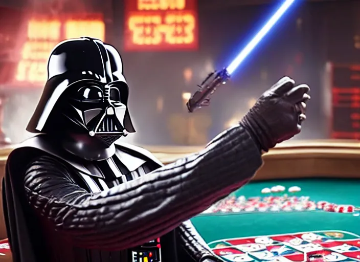 Image similar to film still of Darth Vader gambling in Vegas in the new Star Wars movie, 4k