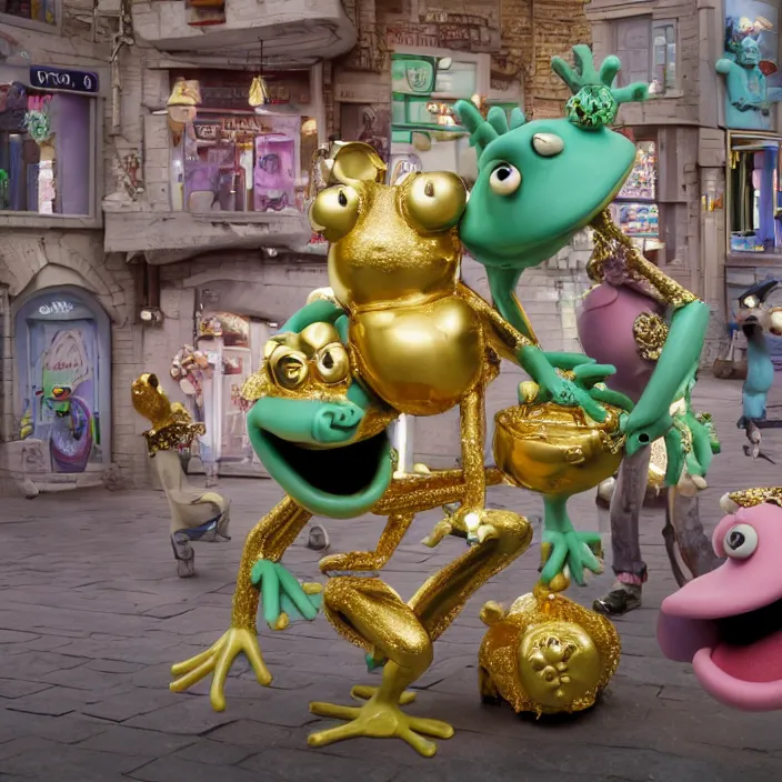 Prompt: jeff koons hip hop bauhaus style street frogs, cute frogs, frogs kissing wearing diamond grillz and a ton of bussdown iced gold bling in wallace & gromit strata - cut claymation, ultra realistic, concept art, intricate details, serious, highly detailed, photorealistic, octane render, 8 k, unreal engine, art by todd mcfarlane