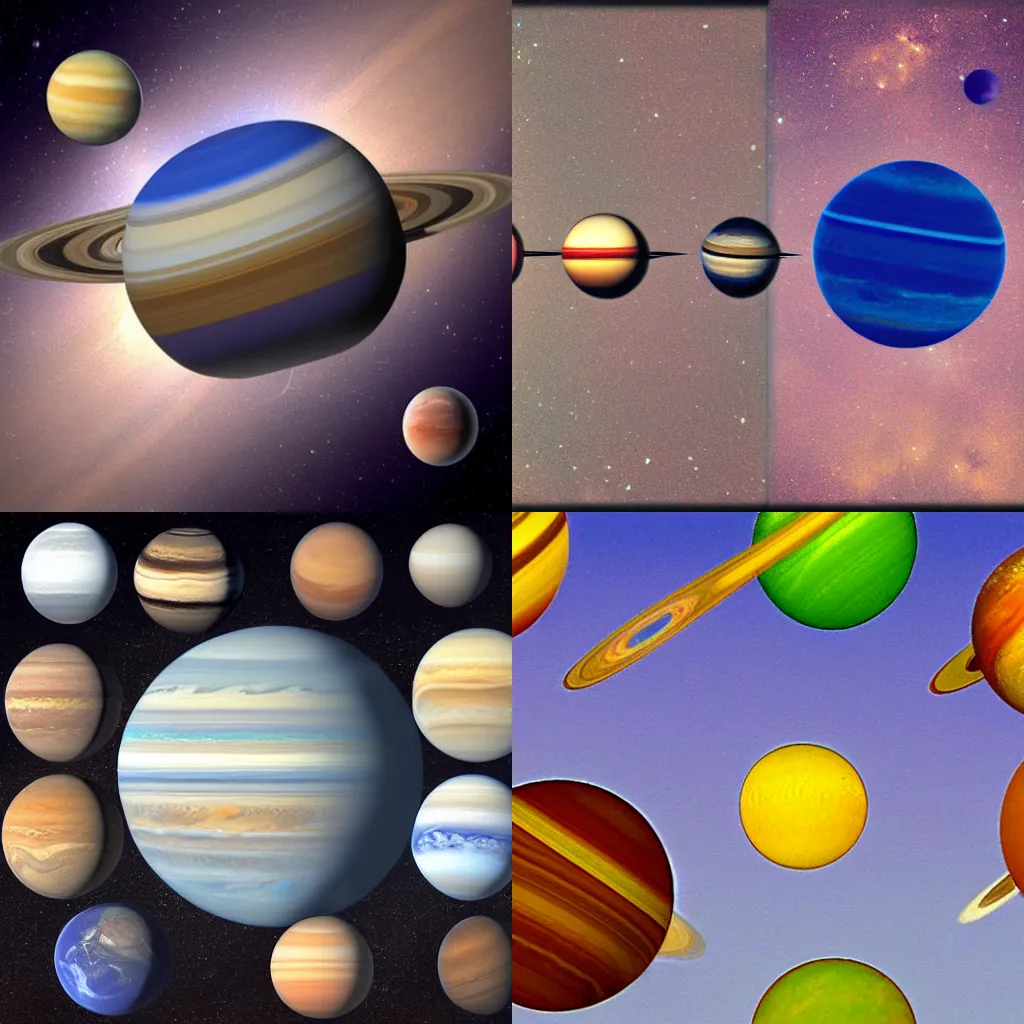 Prompt: planets as a brochette. Saturn Jupiter and earth are clearly visible. Photorealistic