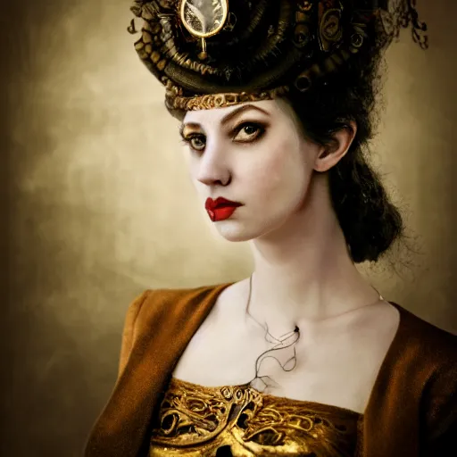 Prompt: A beautiful portrait of a lady vampire, steampunk, photography, 35mm, soft light, cinematic, klimt