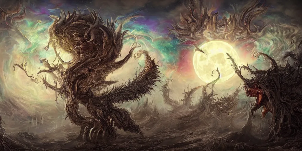 Image similar to concept art of giant mutant fairy attack, lovecraftian, lots of teeth, melting horror, fluffy feathers, round moon, rich clouds, fighting the horrors of the unknown with lasers, high resolution, very detailed, colorful, roaring, volumetric light, mist, grim, fine art, decaying, textured oil over canvas, epic fantasy art, very colorful, ornate