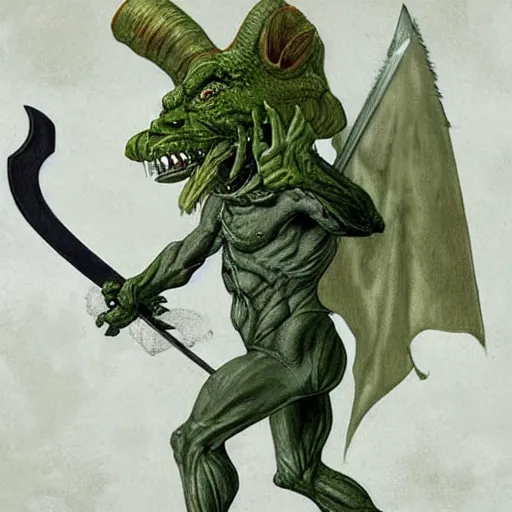 Image similar to dog - faced muscular goblin, ugly face, lizard tail, holding scimitar made of bone, scimitar, sword, jagged sword, curved sword, orkish sword, colorized, green skin, hyper - detailed, primeval fantasy, prehistoric fantasy, art by jacques - louis david