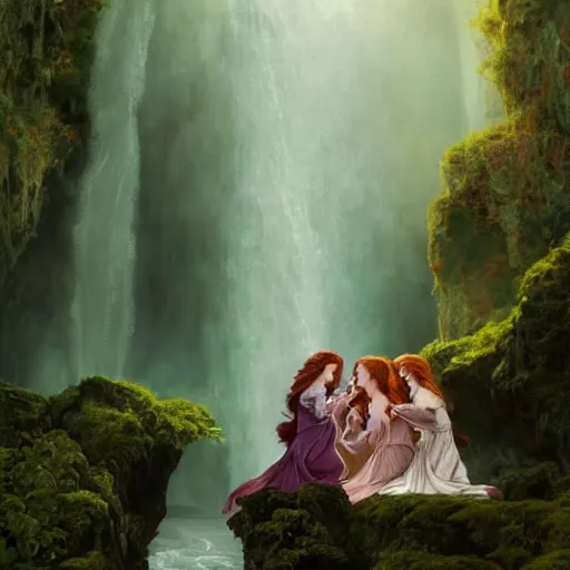 Image similar to an extremely detailed portrait of scarlett johansson and emma watson and christina hendricks as three polyamorous red haired vampire queens kissing while hiding from a thunderstorm in a cave behind a waterfall, epic fantasy, viewed in profile from far away, sharp focus, detailed face, art by greg rutkowski and alphonse mucha, volumetric lighting, 4 k resolution, trending on artstation, masterpiece