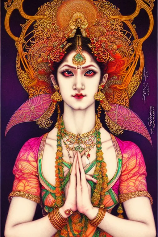 Image similar to beautiful and playful ginger hindu dancer, art nouveau, fantasy, intricate indian flower designs, elegant, delicate hands, highly detailed, sharp focus, art by chie yoshii