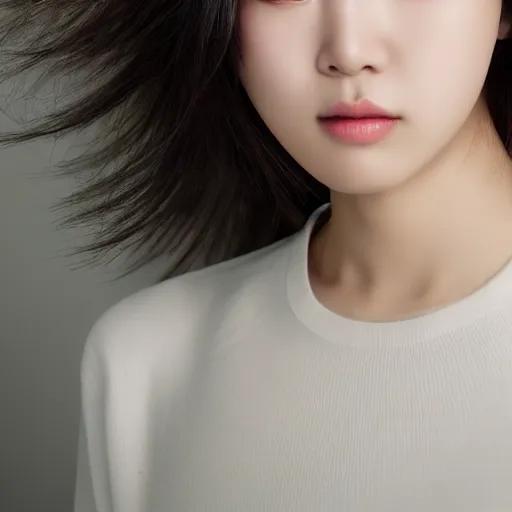 Image similar to beautiful female angel, Korean, asymmetrical face, ethereal volumetric light, sharp focus