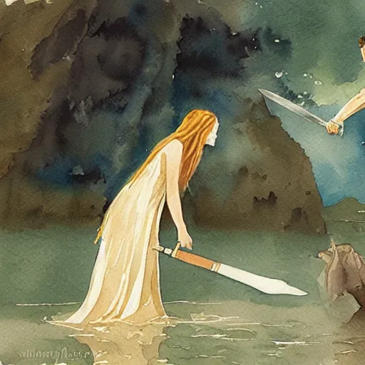 Image similar to “watercolor painting of the lady of the lake giving the sword to King Arthur, 8k”