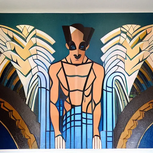 Image similar to a beautiful art deco mural, symmetrical, male beauty theme