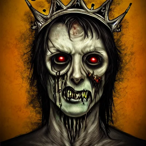 Image similar to asymmetrical zombie king portrait, fallen, decay, lost, depressed, borderline, schizophrenia, realistic