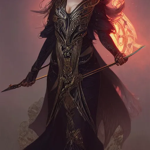 Image similar to freya allen wearing a black desert online sorceress outfit, intricate, elegant, highly detailed, digital painting, artstation, concept art, smooth, sharp focus, illustration, art by artgerm and greg rutkowski and alphonse mucha