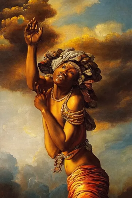 Image similar to baroque painting of african mother nature floating through the sky, inspired by gustav moreau and wayne barlow, exquisite detail, hyper realism, ornate, exquisite detail