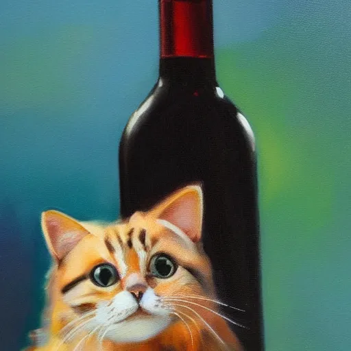 Image similar to beautiful oil painting of a cat in an empty bottle of wine, trending on artstation, 4 k, high quality, colorful