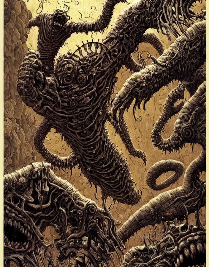 Image similar to ancient biomech doomhost monster, inescapable bane of cowards, the dreaded by junji ito, norman rockwell, doug chiang, dan mumford