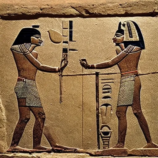 Image similar to a fragment of ancient egyptian hierographic panel of people using a smartphone