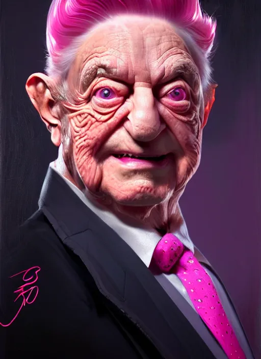 Image similar to portrait of george soros, realistic, smile, ugly, defined jawline, pink hair bow, intricate, elegant, glowing lights, highly detailed, digital painting, artstation, sharp focus, illustration, art by wlop, mars ravelo and greg rutkowski