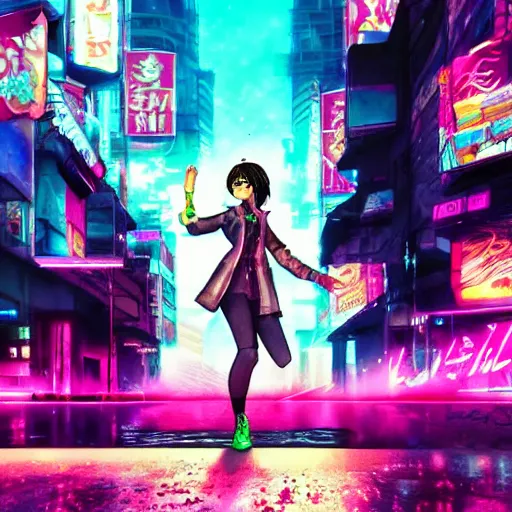 Prompt: city pop idol dancing in the apocalypse cyberpunk, accurate features, focus, very intricate ultrafine details, masterpiece, 8 k hd, realistic shaded lighting, detailed render, detailed backgrounds, epic composition, soft neon lights, rain