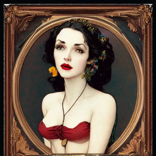 Image similar to portrait of a very beautiful vampire, top half of body, pensive expression, by Stanley Artgerm Lau, greg rutkowski, thomas kindkade, alphonse mucha, loish, norman rockwell, J. C. Leyendecker. dark black hair, pale skin, detailed eyes, red lips. framed by black flowers. dark, scary, eldritch horror. rule of thirds extremely detailed illustration hd 4k