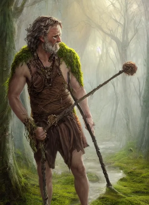 Image similar to a relaxed male middle aged druid in a sleeveless west, short brown hair, stringy, wielding a long staff which is covered in moss, full body, 8 k, hyperrealistic, hyperdetailed, fantasy portrait by laura sava