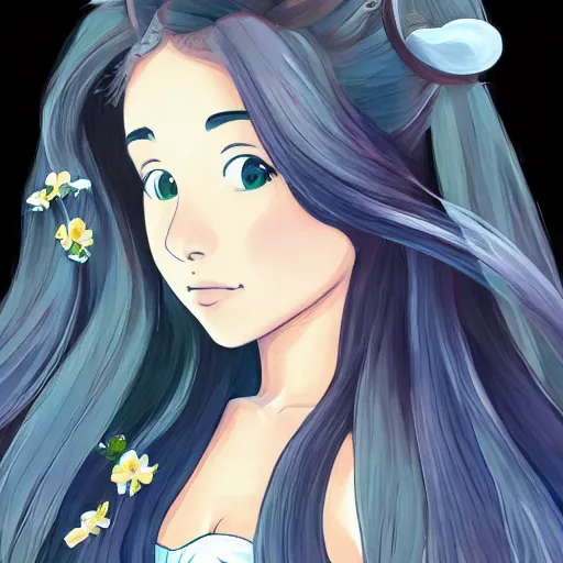 Image similar to ariana grande, flowing hair. in the style of studio ghibli, trending on artstation, emerald herald