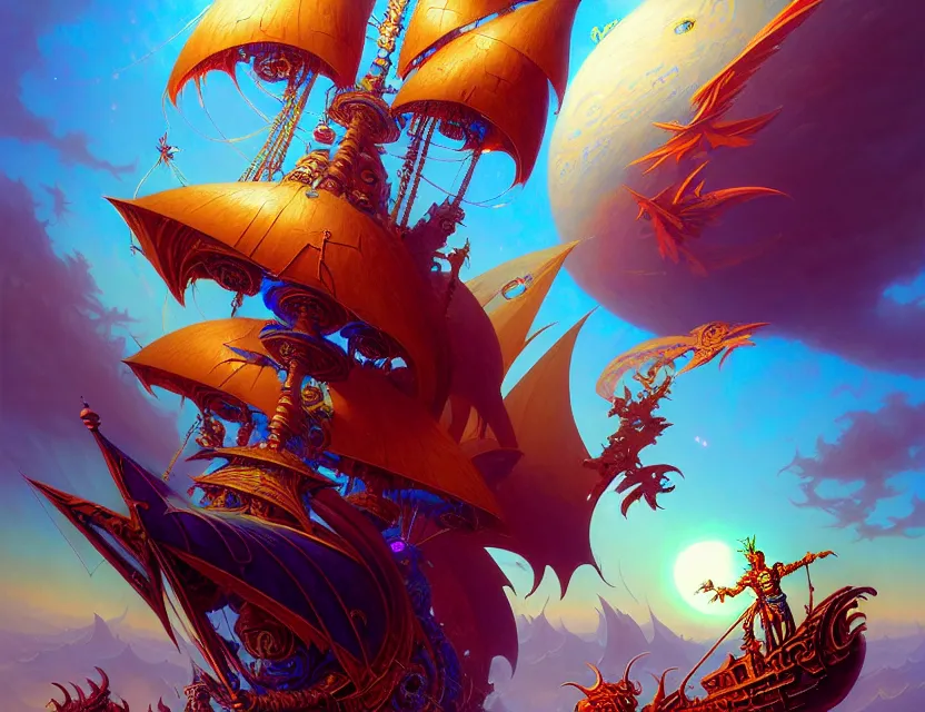 Image similar to the flying spelljammer galleon soars through the planes, amazing d & d planescape style art, trending on artstation, colorful, intricate, art by kev chan, joseph leyendecker, peter mohrbacher, ruan jia, marc simonetti, fantasypunk, deep colors, cgsociety