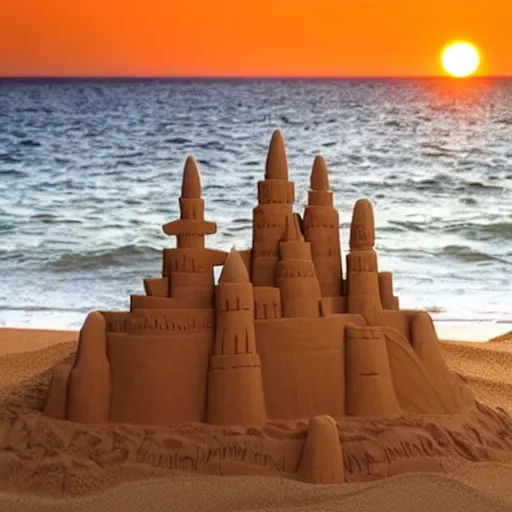 Prompt: enormous sand castle at sunset in the beach, photorealistic