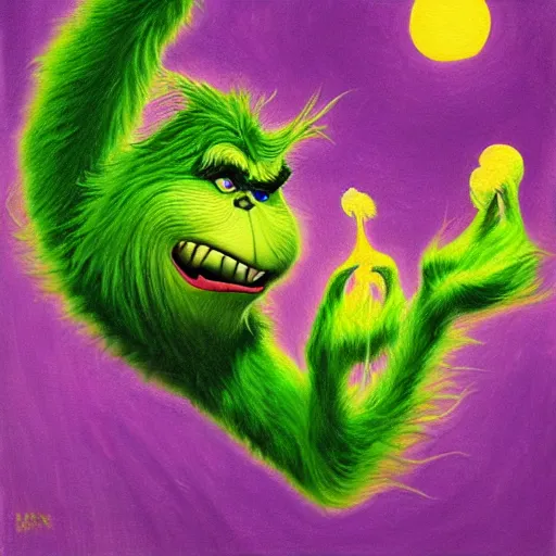 Image similar to the Grinch is Sauron, surrealist, contemporary painting