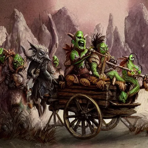 Prompt: painting of goblins riding in a slapdash wooden cart, fantasy art, magic : the gathering art, by diterlizzi